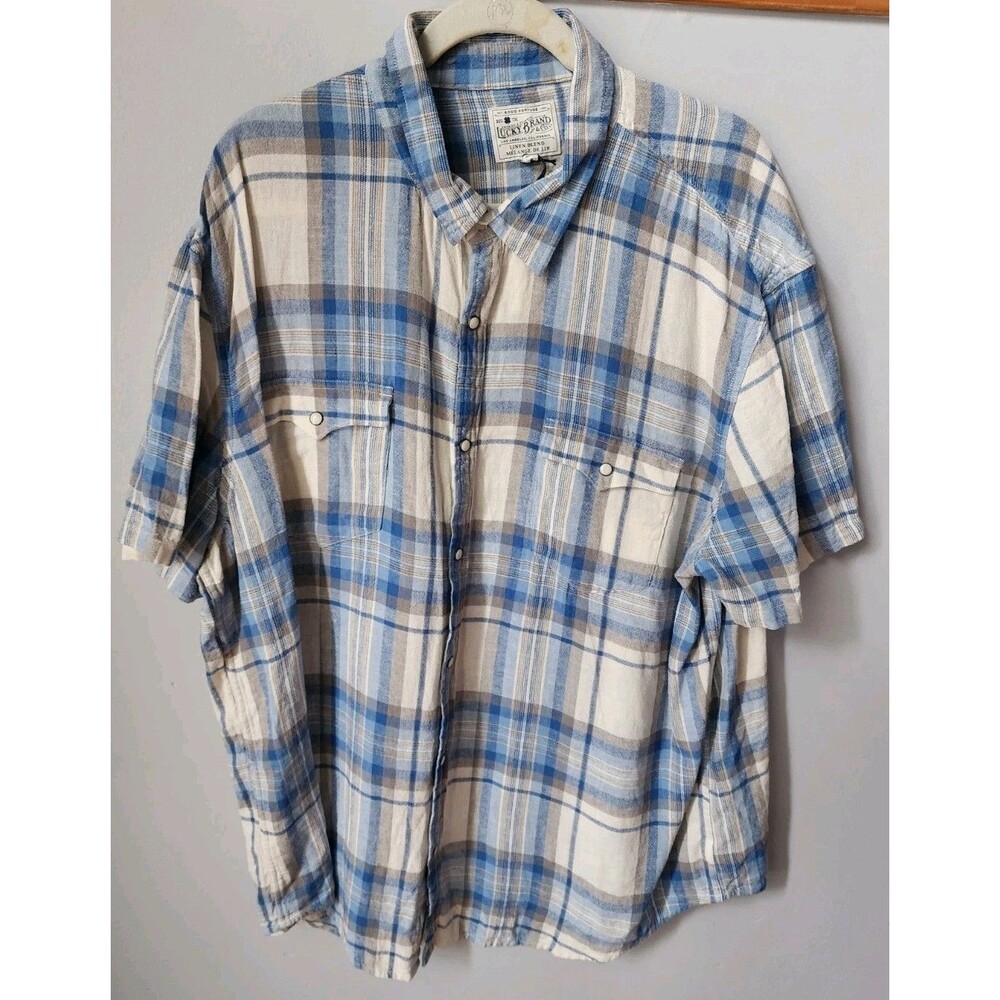 New Lucky Brand Men's XXLarge Blue White Plaid Linen Viscose Pearl Snap Shirt